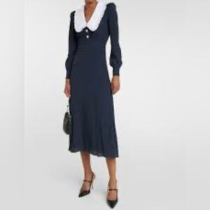 Alessandra Rich Navy Midi Dress with White Peter Pan Collar